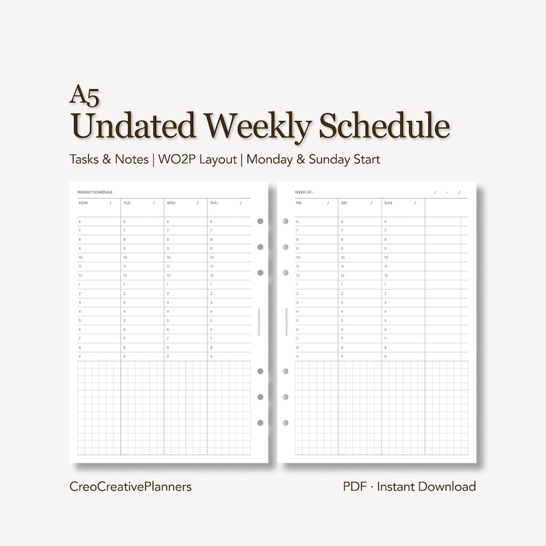 A5 Undated Weekly Hourly Planner Insert Printable Time Blocking ...