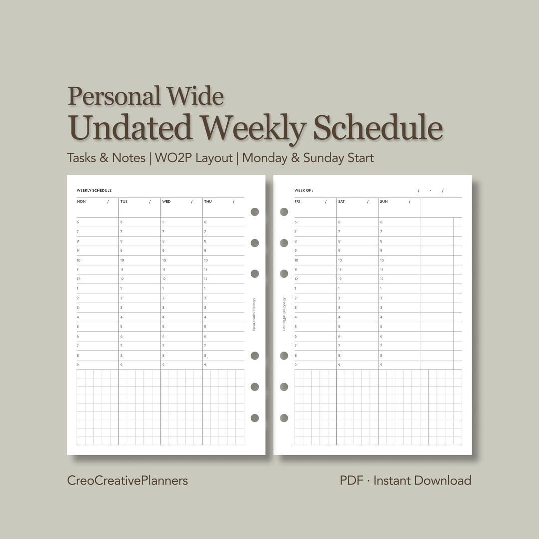 Personal Wide Undated Weekly Hourly Planner Insert Printable Time ...
