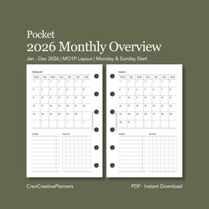 May include: A pocket-sized 2026 monthly overview planner with a Monday and Sunday start. The planner features calendars for February and March, with space for tasks and notes. The design is in black and white on a green background.