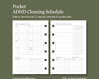 May include: A pocket-sized ADHD cleaning schedule with two layouts, daily to semi-annual, starting Monday and Sunday. The schedule includes weekly, monthly, quarterly, and semi-annual cleaning tasks. The text "CreoCreativePlanners" and "PDF - Instant Download" are also visible.