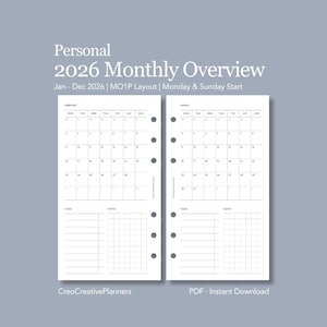 May include: A white 2026 monthly overview planner insert with a Monday & Sunday start. The planner includes calendar pages for January to December 2026, with space for tasks and notes. The text "Personal 2026 Monthly Overview" is at the top.