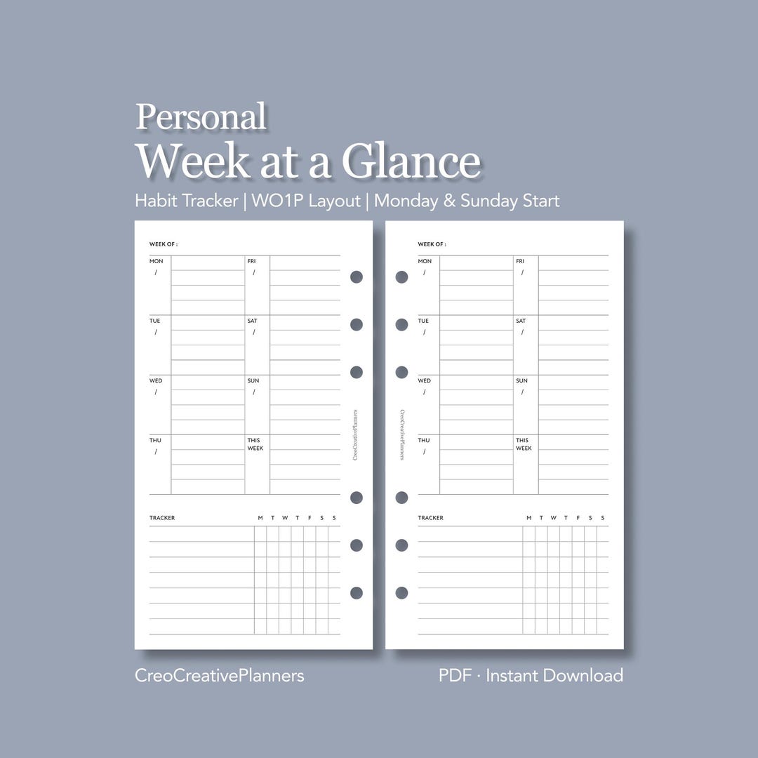 Personal Week at a Glance Planner Insert Printable One Page Weekly ...