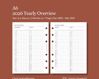 Resumen anual A6 2026 Dos meses por página Insertar Año imprimible de un vistazo