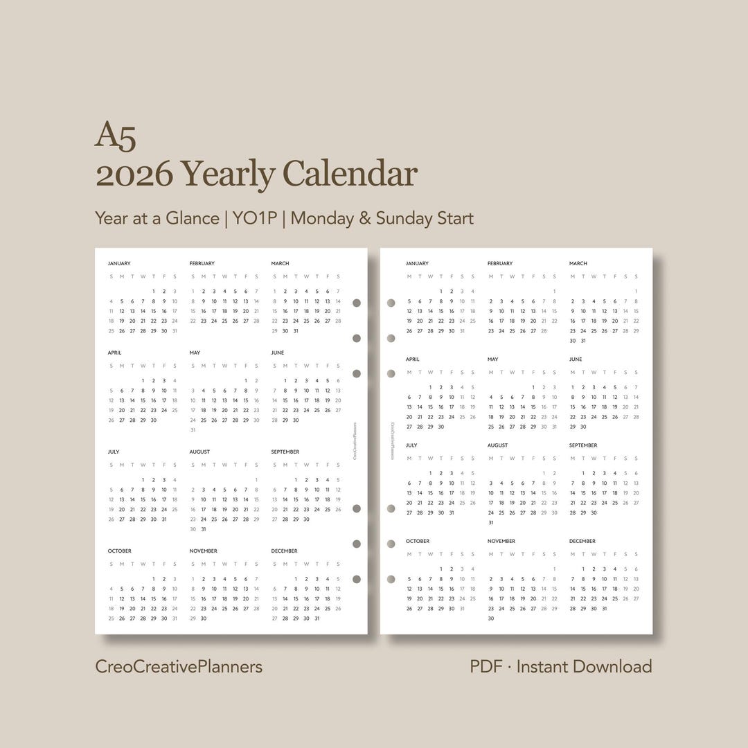 A5 2026 Yearly Calendar Printable One Page Year at a Glance Planner ...