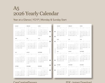 Calendario anual A5 2026 imprimible de una página con vista general del año (PDF)