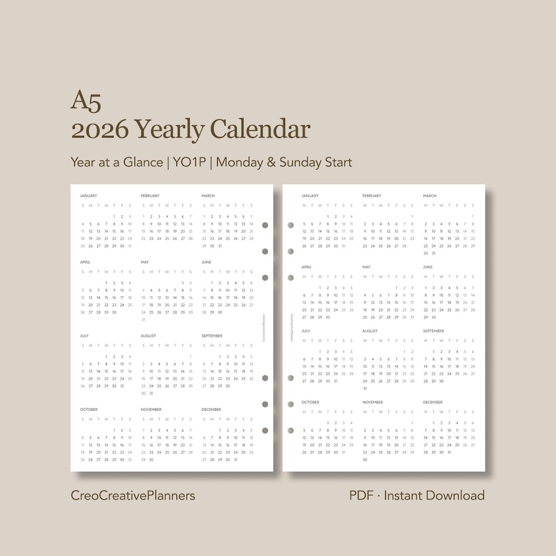 A5 2026 Yearly Calendar Printable One Page Year at a Glance Planner ...