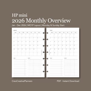 May include: A white planner insert with a monthly overview for 2026, featuring a Monday & Sunday start. The insert includes calendar pages for February and March, with space for tasks and notes. The text "HP mini 2026 Monthly Overview" is at the top.