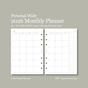 May include: A white 2026 monthly planner with a Monday and Sunday start. The planner is labeled "Personal Wide" and includes the text "Jan - Dec 2026 | MO2P Layout". The planner is a PDF instant download.