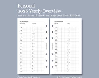 Resumen anual personal 2026 (dos meses por página) Insertar imprimible Año de un vistazo