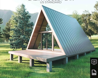 May include: A digital architectural rendering of an A-frame cabin house plan with a metal roof, wooden siding, and a large front deck. The text CABIN HOUSE PLAN US STANDARD is visible at the top, with 4K, PDF, and 3D icons on the right side.