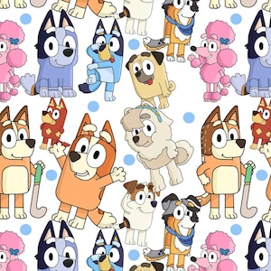 May include: Seamless pattern featuring cartoon dogs in various poses and colors. The dogs include breeds like poodles, pugs, and collies, with blue polka dots on a white background. Some dogs are holding hockey sticks.