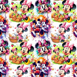 Peut inclure: Motif répété avec Minnie et Mickey Mouse dans des scènes de pique-nique. Minnie porte un nœud et une robe à pois roses. Mickey porte un short rouge. Le fond présente des éclaboussures de peinture colorées et des fleurs.