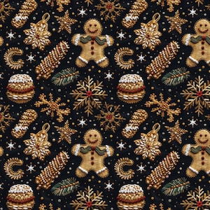 May include: A repeating pattern of embroidered Christmas cookies and ornaments on a black background. The design includes gingerbread men, snowflakes, stars, and other festive shapes in gold, brown, and white, with red accents.