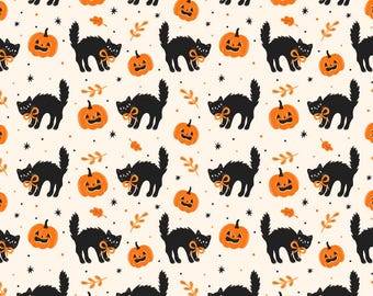 Tessuto di puro cotone con zucca di Halloween con gatti neri/Larghezza 145 cm/Patchwork fatto a mano/Decorazione per la casa/Cotone stampato traspirante