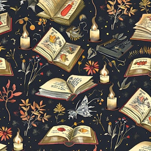May include: A dark blue background with a repeating pattern of open books, candles, flowers, and butterflies. The books have red spines and detailed illustrations on the pages. Candles with lit flames are scattered throughout the design, along with various floral elements.