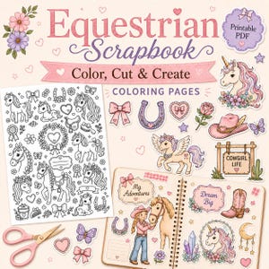 Peut inclure: Un kit de scrapbooking numérique avec le texte Equestrian Scrapbook Color, Cut & Create. Il comprend une page de coloriage en noir et blanc avec des chevaux, un carnet à spirales avec des autocollants, des ciseaux roses et des découpes de licornes, chevaux, nœuds et accessoires de cow-boy.