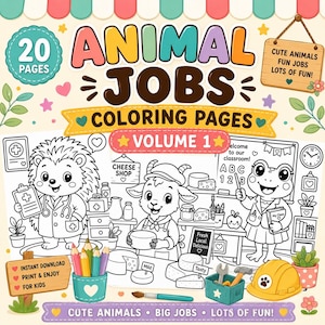May include: A coloring book cover titled ANIMAL JOBS VOLUME 1 featuring 20 pages of black and white line art. The design includes a hedgehog doctor, a goat in a cheese shop, and a frog teacher, with colorful accents and text for kids.