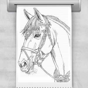 May include: Black and white line drawing of a horse's head, wearing an ornate bridle. The horse's profile is detailed, showing the eye, ear, and muzzle. The image is printed on a roll of paper, with a perforated edge.