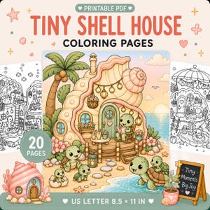 Peut inclure: Un livre de coloriage PDF imprimable intitulé Tiny Shell House Coloring Pages contenant 20 pages d'illustrations de 21,6 par 27,9 cm. La couverture montre une maison en forme de coquillage sur une plage avec des tortues, un palmier et un tableau.