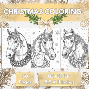 Puede incluir: Un libro para colorear de Navidad en blanco y negro con tres ilustraciones de caballos. El libro tiene 60 páginas y mide 21,59 x 27,94 cm. La portada dice "CHRISTMAS COLORING".