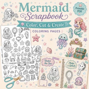 Peut inclure: Un kit de scrapbooking sirène en PDF imprimable comprenant des pages à colorier avec des illustrations de sirènes, de créatures marines et d'accessoires sur le thème de l'océan. Le set inclut des feuilles de dessin au trait, des ciseaux et un carnet.