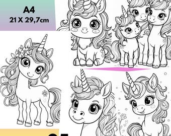 85 páginas para colorear de unicornios para niños | Páginas para colorear digitales en PDF