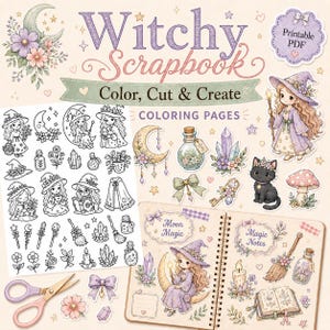 Peut inclure: Une collection numérique de pages à colorier Witchy Scrapbook présentant des illustrations de sorcières, de croissants de lune, de cristaux, de fioles, de chats et d'éléments floraux. L'ensemble comprend un PDF imprimable, des dessins au trait et des autocollants.