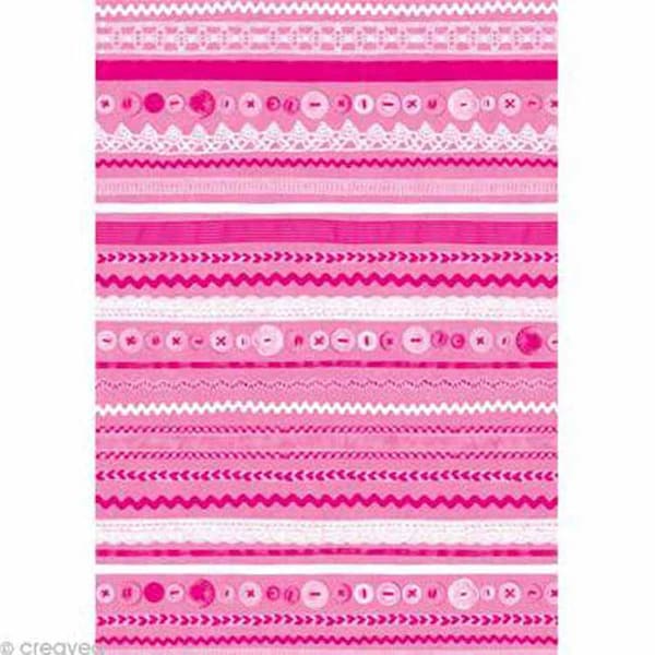 Decoupage Paper Mache Craft Supply, Decopatch, 6 sheets, Pink, Fushia, White Lace Buttons, #593