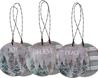 PBK Christmas Decor - Peace Joy Believe Pine Tree Ornaments 3pc