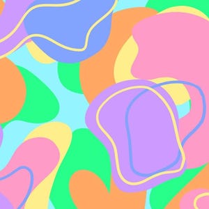 May include: Abstract digital art featuring a vibrant, colorful design. The artwork showcases organic shapes in shades of pink, purple, orange, green, and yellow, set against a light blue background. The shapes are outlined with contrasting colors, creating a playful and dynamic composition.