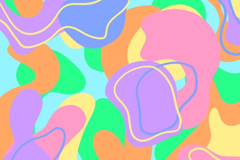 May include: Abstract digital art featuring a vibrant, colorful design. The artwork showcases organic shapes in shades of pink, purple, orange, green, and yellow, set against a light blue background. The shapes are outlined with contrasting colors, creating a playful and dynamic composition.