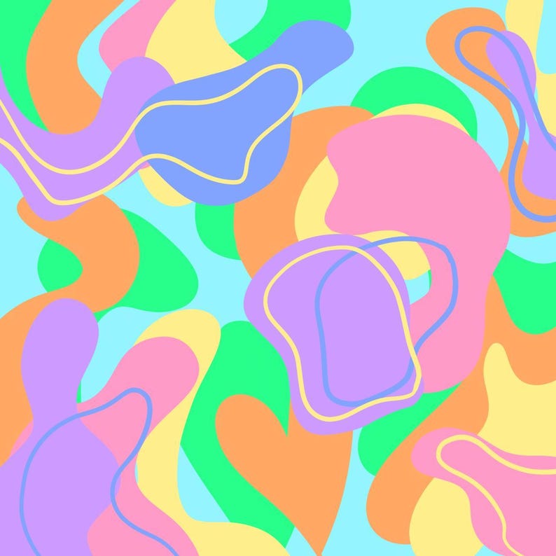 May include: Abstract digital art featuring a pattern of colorful, organic shapes. The design includes forms in shades of blue, pink, orange, green, yellow, and purple, with some outlined in contrasting colors. The background is a light blue.