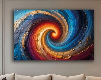 Blue & Gold Swirl Glass Wall Art: Modern Abstract Energy Vortex