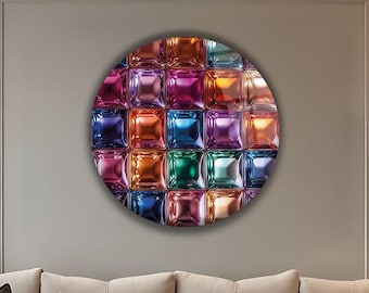 Colorful Crystal Cube Round Glass Wall Art | Modern Luxury Decor