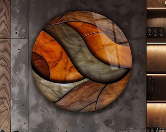 Ronde wandkunst van gehard glas | Rustiek abstract paneel in aardetinten | Luxe woondecoratie