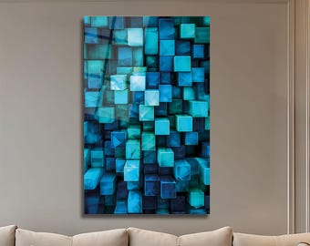 Arte de pared de vidrio abstracto azul, panel decorativo geométrico moderno de vidrio templado