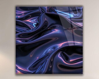 May include: Abstract art print featuring a swirling, fluid design in shades of deep blue, purple, and pink. The artwork has a glossy finish and is displayed on a wall in a room with a neutral color palette. The print adds a modern touch to the space.