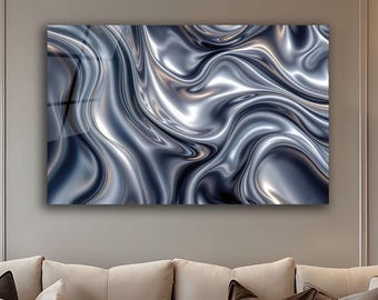 Luxury Silver Metallic Abstract Tempered Glass Wall Art – Modern Glossy Panel Decor