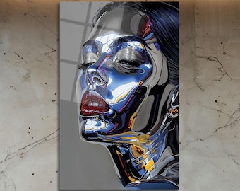Modern Abstract Tempered Glass Wall Art: Futuristic Chrome Woman Portrait