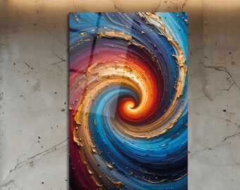 Blue & Gold Swirl Glass Wall Art: Modern Abstract Energy Vortex