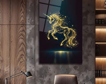 Golden Unicorn Wall Art – Luxury Tempered Glass Artwork, Magical Fantasy Home Decor