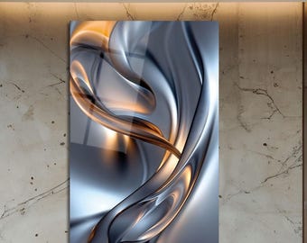 Abstract Metallic Flow Tempered Glass Wall Art – Luxury Silver & Bronze Modern Home Decor Panel
