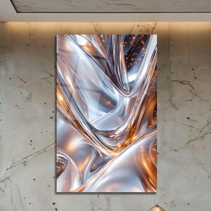 Chrom & Bernstein Abstrakte Glaswand Kunst | Luxus Metallic Wellendekor | Glänzendes Modernes Panel