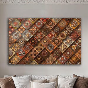 Moroccan Mosaic Tile Wall Art, Boho Geometric Pattern Decor, Vintage Ethnic Home Design Panel
