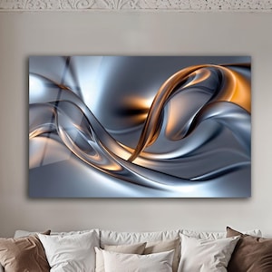 May include: Abstract wall art with flowing metallic forms in silver, gold, and blue hues. The artwork hangs above a white sofa with brown and white cushions, creating a modern living room aesthetic.