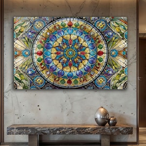 Glass Wall Art – Colorful Mandala Abstract Wall Decor – Round Tempered Glass Panel – Bohemian Stained Glass Art