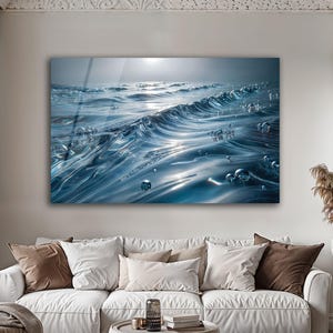 Décoration murale vagues océaniques en verre trempé : décoration côtière moderne