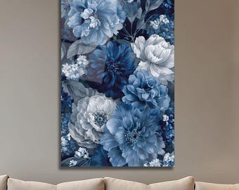 Blue Floral Tempered Glass Wall Art | Elegant Botanical Decor