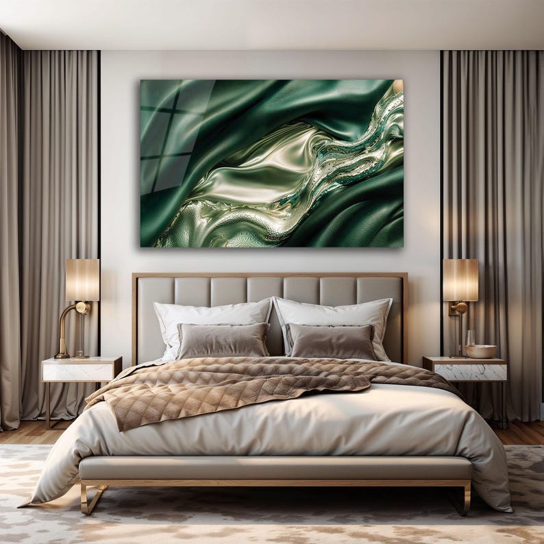 Emerald Green & Gold Marble Tempered Glass Wall Art – Modern Abstract ...