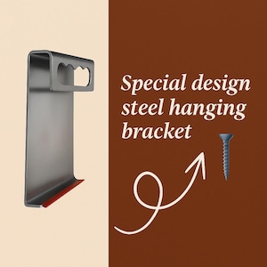 Może przedstawiać: Stalowy wspornik do zawieszania o specjalnym designie, o zakrzywionym kształcie i czerwonym akcencie na dole. Wyświetlany jest tekst "Special design steel hanging bracket". Pokazano r&oacute;wnież niebieską śrubę.